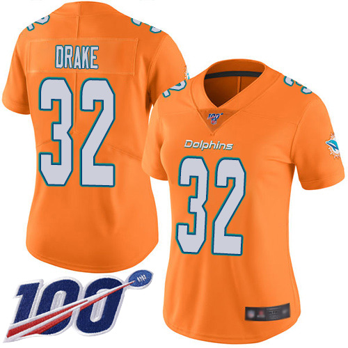 Nike Miami Dolphins 32 Kenyan Drake Orange Women Stitched NFL Limited Rush 100th Season Jersey